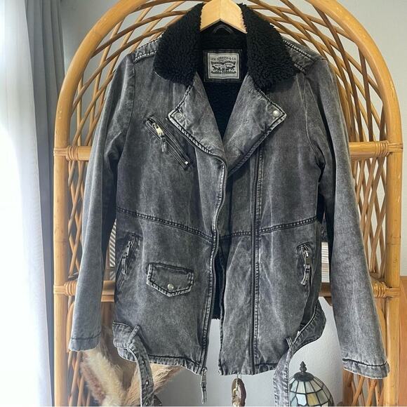 Levi's Acid Wash 💯 Cotton Sherpa Oversized Moto Denim Jean Jacket Women Large M - Picture 2 of 6